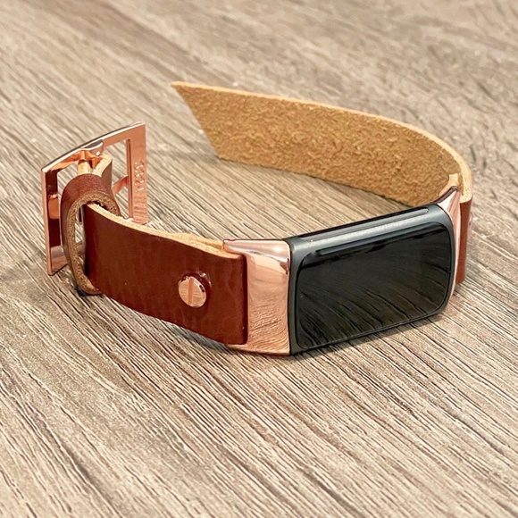 Brown Grain Leather Strap Fitbit Charge 5 Band Rose Gold Jewelry Women Bracelet - Picture 2 of 8